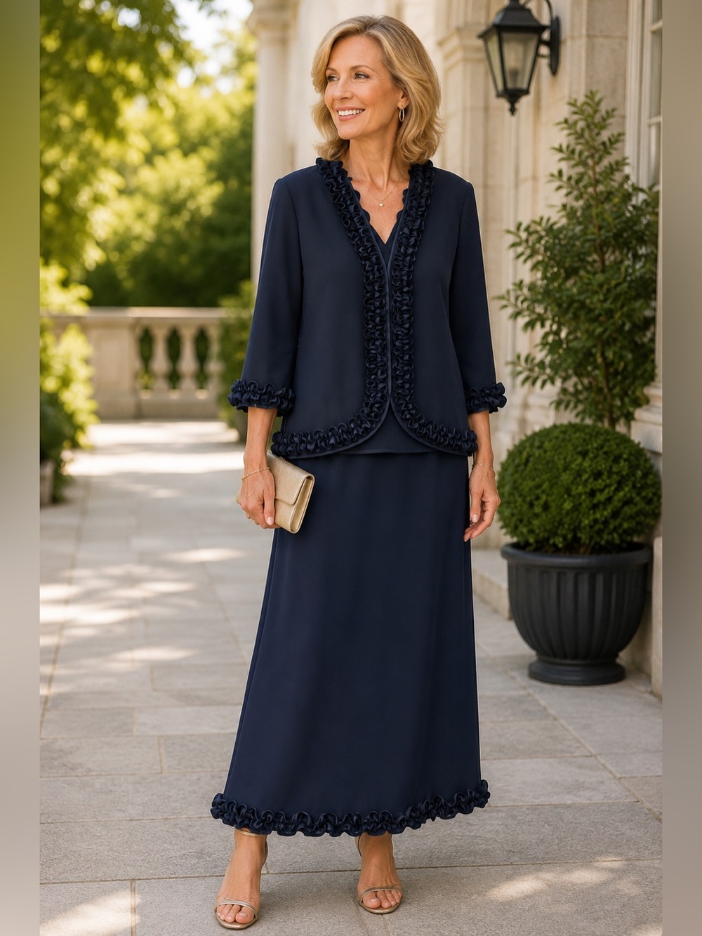 UNIQUE BOUTIQUE SOUTACHE TRIM NAVY SKIRT SUIT 2X
